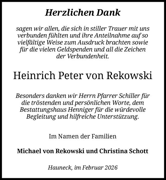 Traueranzeige von Heinrich Peter von Rekowski von HZ