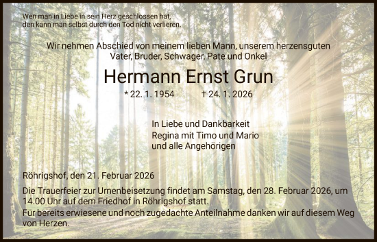 Traueranzeige von Hermann Ernst Grun von HZ