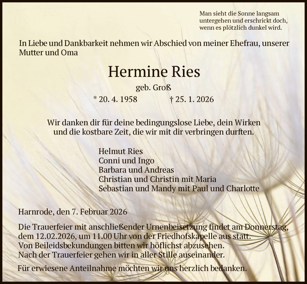  Traueranzeige für Hermine Ries vom 07.02.2026 aus HZHN