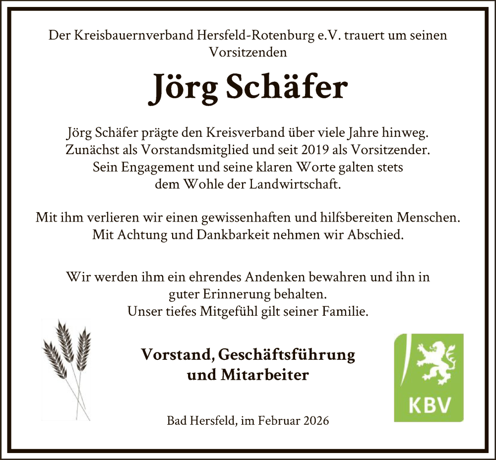  Traueranzeige für Jörg Schäfer vom 14.02.2026 aus HZHNA