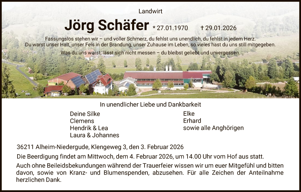  Traueranzeige für Jörg Schäfer vom 03.02.2026 aus HNAHZWRS