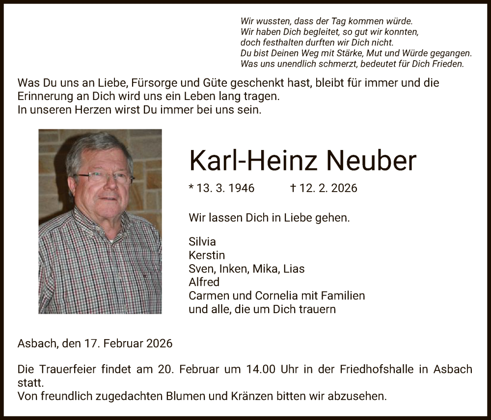  Traueranzeige für Karl-Heinz Neuber vom 18.02.2026 aus HZ