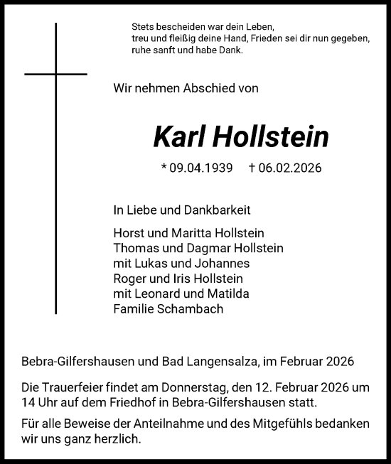 Traueranzeige von Karl Hollstein von HNAHZ