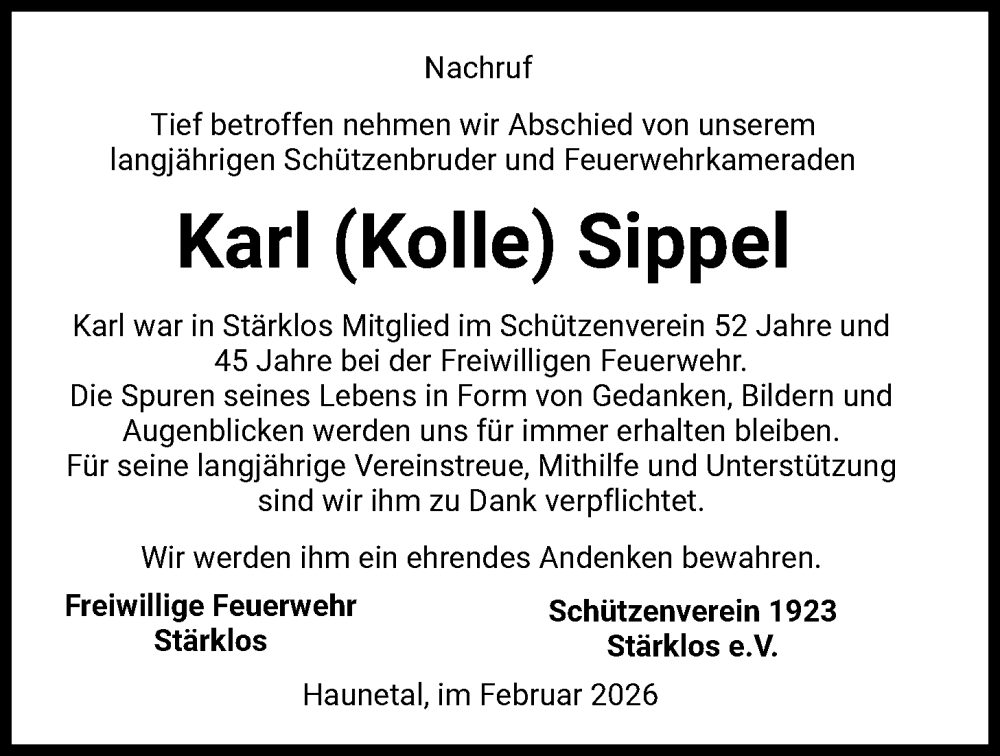  Traueranzeige für Karl Sippel vom 28.02.2026 aus HZ