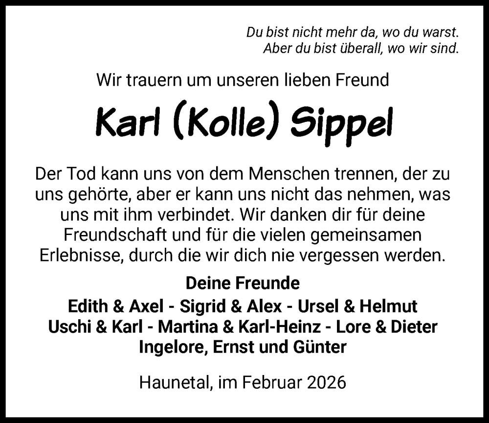  Traueranzeige für Karl Sippel vom 28.02.2026 aus HZ