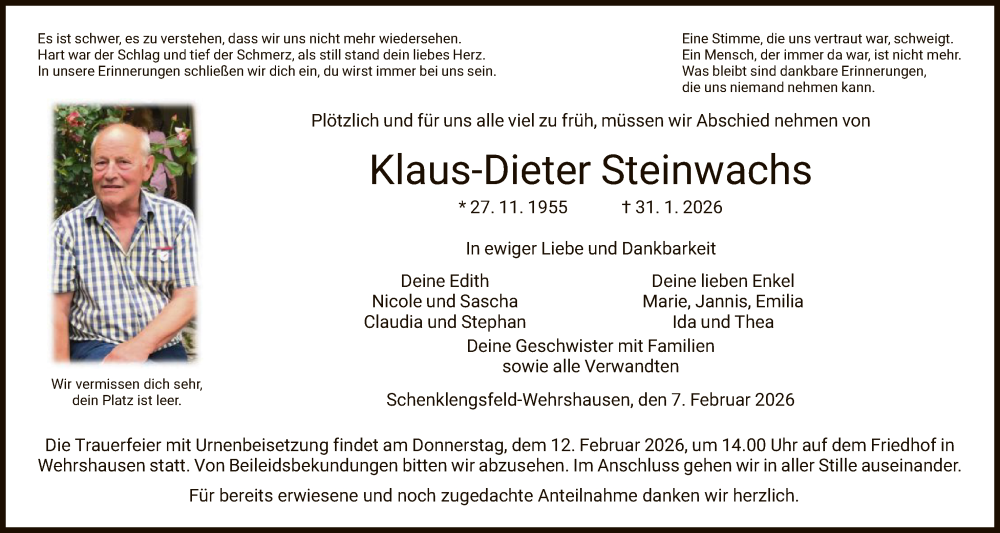  Traueranzeige für Klaus-Dieter Steinwachs vom 07.02.2026 aus HZ