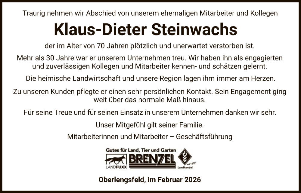  Traueranzeige für Klaus-Dieter Steinwachs vom 07.02.2026 aus HZ