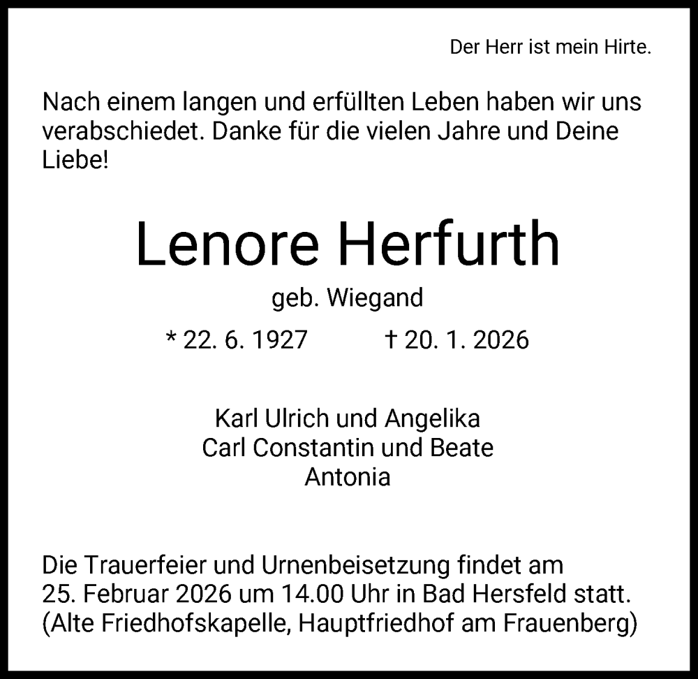  Traueranzeige für Lenore Herfurth vom 14.02.2026 aus HZ