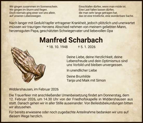Traueranzeige von Manfred Scharbach von HZ