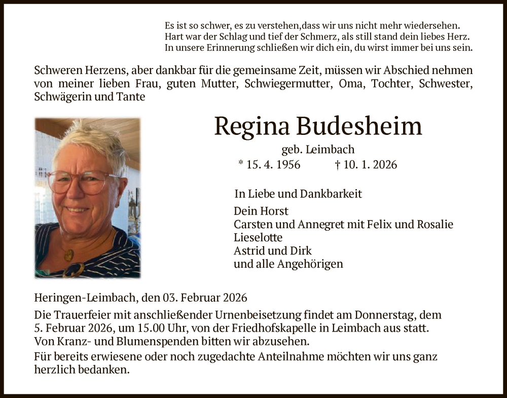  Traueranzeige für Regina Budesheim vom 03.02.2026 aus HZ