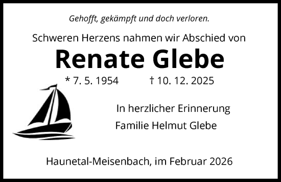 Traueranzeige von Renate Glebe von HZHN