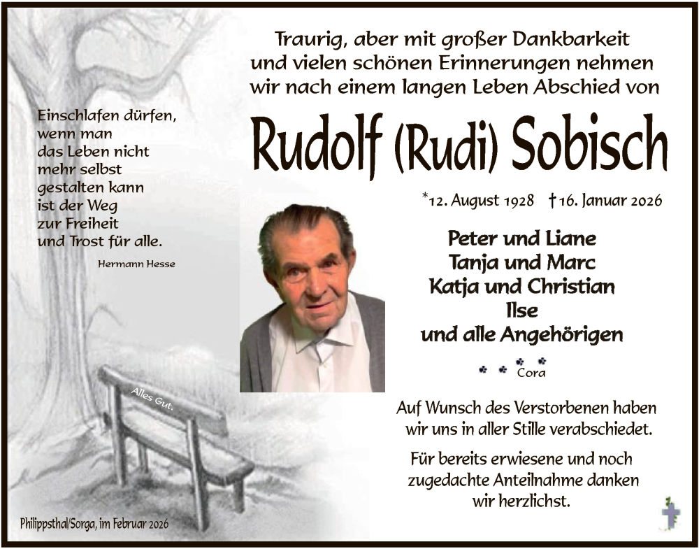 Traueranzeige für Rudolf Sobisch vom 07.02.2026 aus HZ
