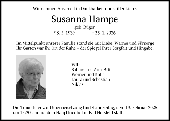 Traueranzeige von Susanna Hampe von HZHN
