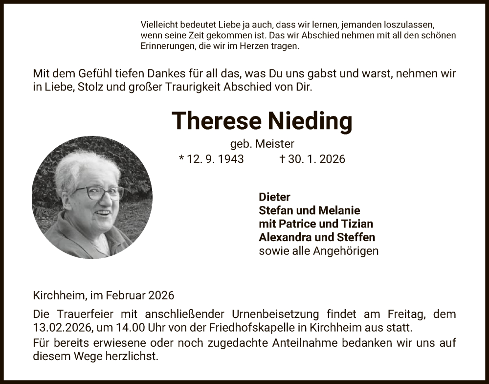  Traueranzeige für Therese Nieding vom 11.02.2026 aus HZ
