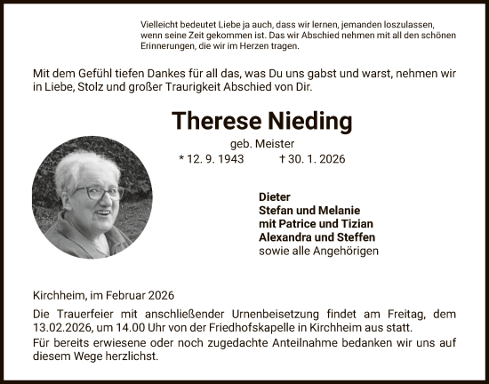 Traueranzeige von Therese Nieding von HZ