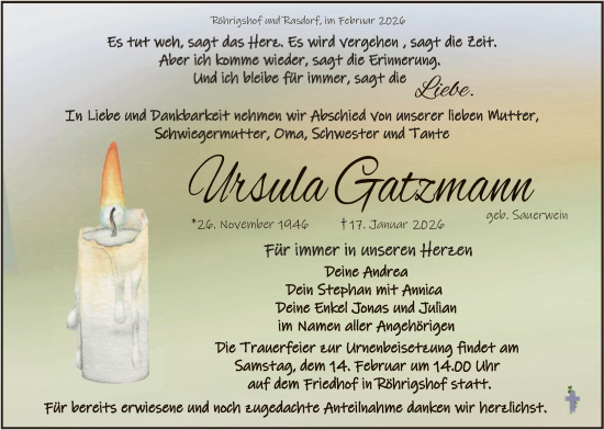 Traueranzeige von Ursula Gatzmann von HZHN