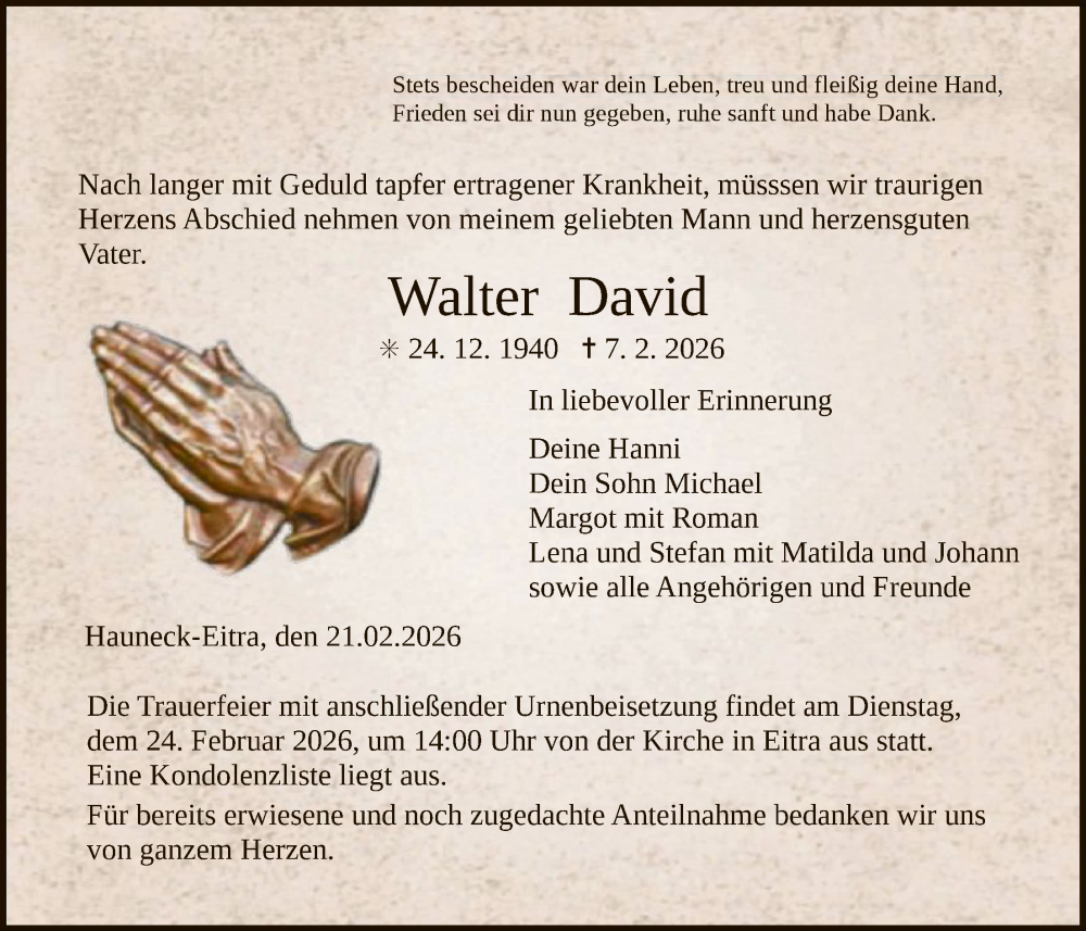  Traueranzeige für Walter David vom 21.02.2026 aus HZ