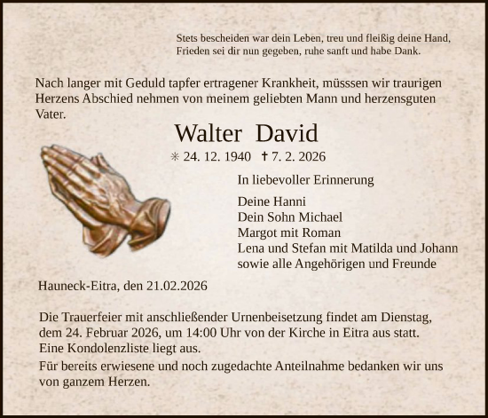 Traueranzeige von Walter David von HZ