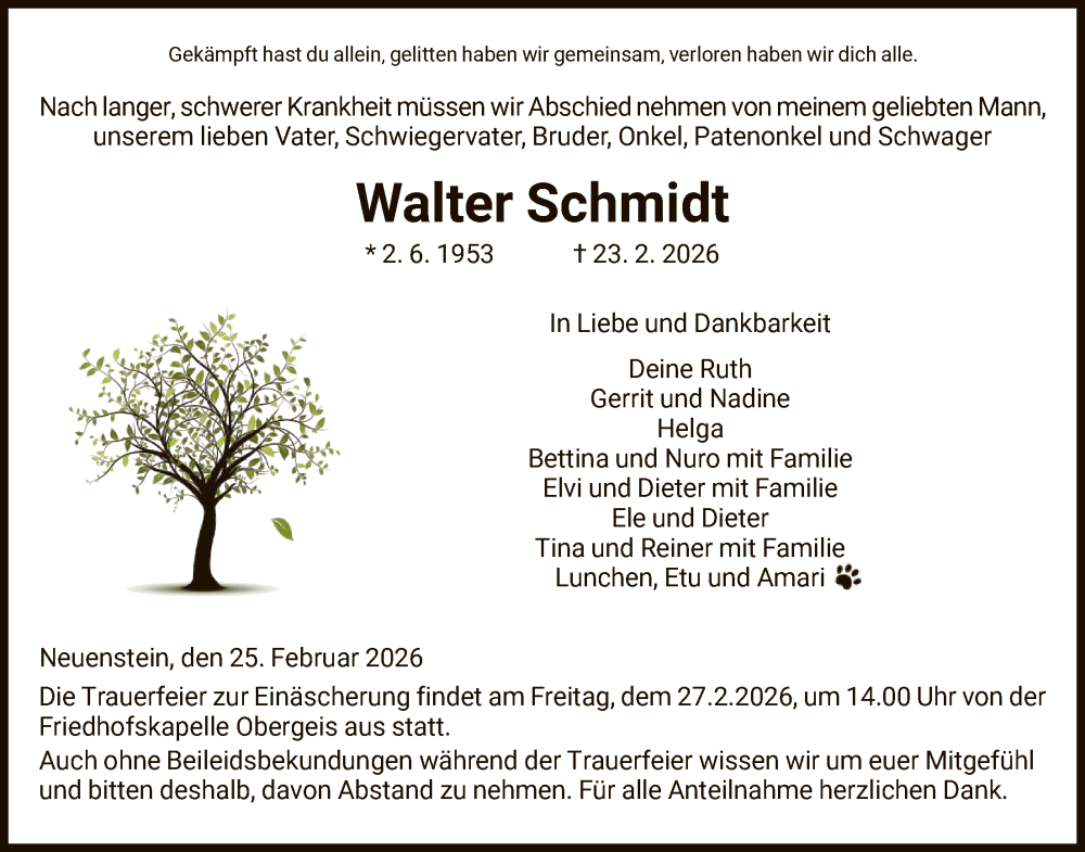  Traueranzeige für Walter Schmidt vom 25.02.2026 aus HZ