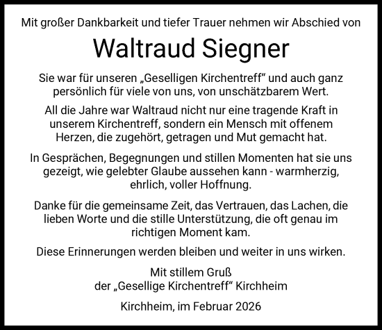 Traueranzeige von Waltraud Siegner von HZ