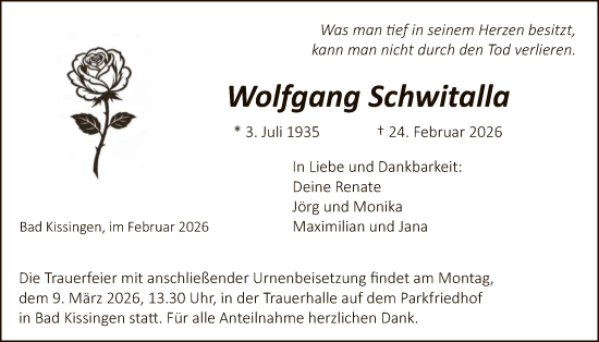 Traueranzeige von Wolfgang Schwitalla von HZ
