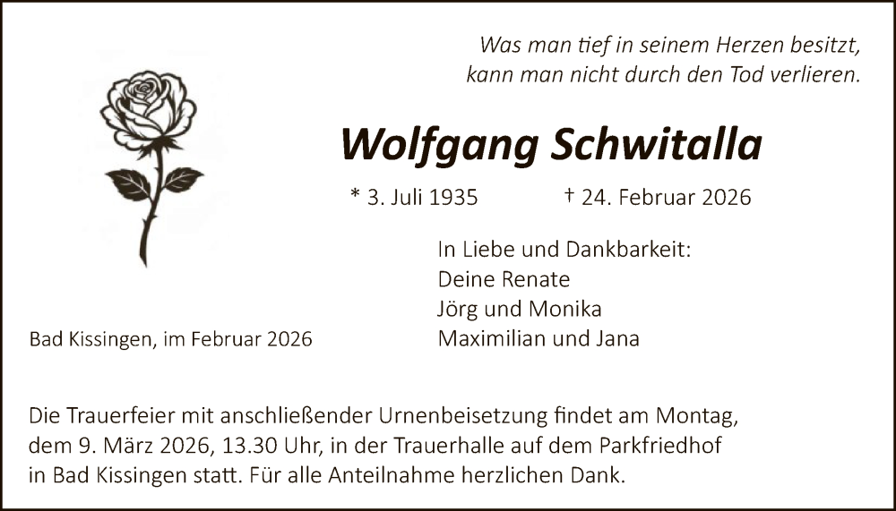  Traueranzeige für Wolfgang Schwitalla vom 28.02.2026 aus HZ